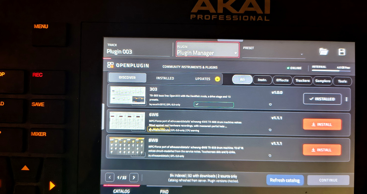 Browse the community catalog on a physical Akai Force